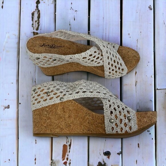 Lucky Brand Miller II Crochet Lace Wedges White Fabric Cork Platform Size 10 - Picture 1 of 8